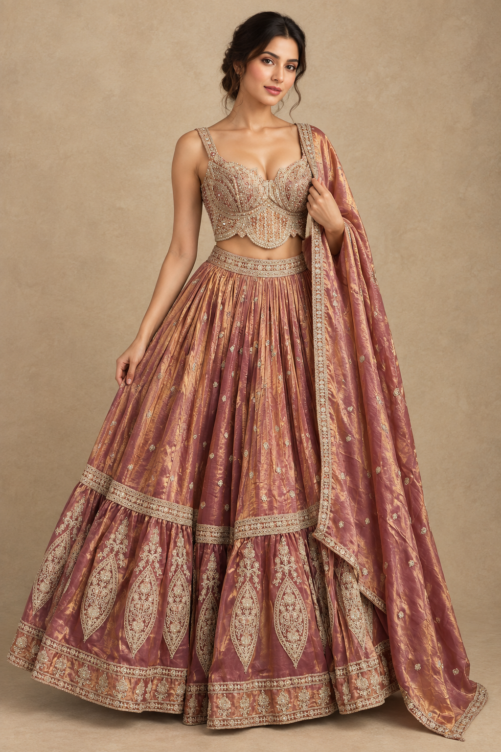 Model showing the full skirt of a dusty rose embroidered lehenga set on a neutral studio background