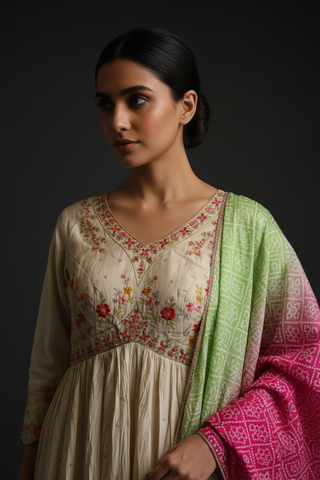 Ivory Floral Anarkali with Ombre Bandhani Dupatta