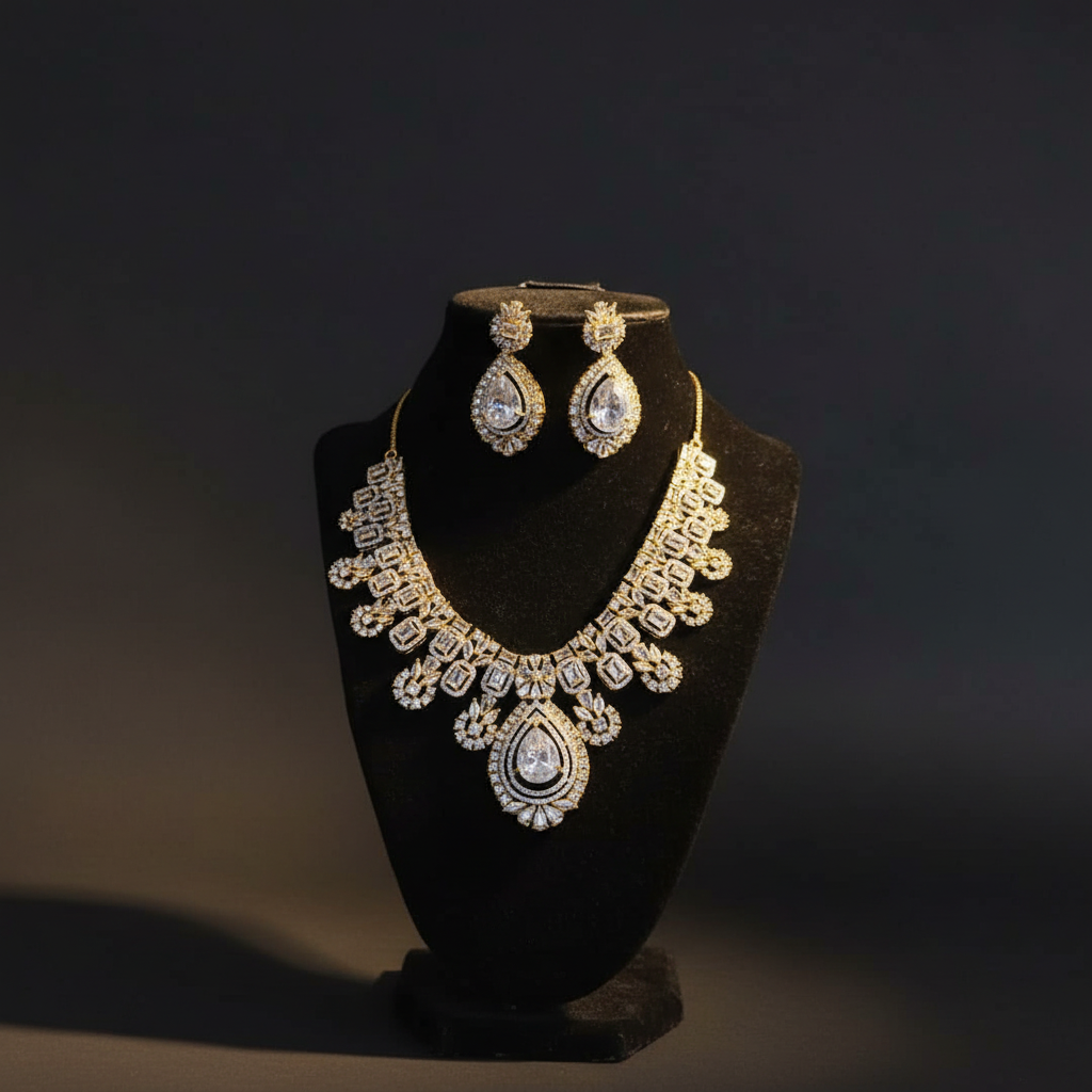 Gold-tone Jennifer necklace set with clear crystal-style stones and matching teardrop earrings on a black velvet bust