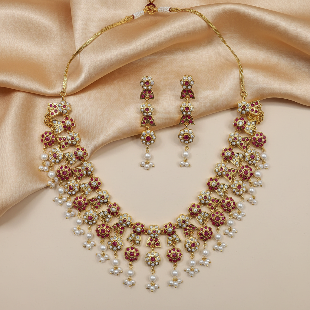 Gold-tone floral necklace set with ruby-colored accents, crystal-style stones, pearl-like drops, and matching earrings arranged on champagne silk