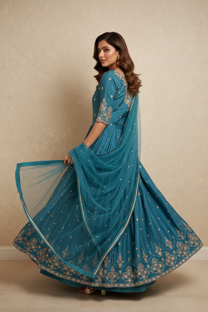 Teal embroidered sharara set - back turn