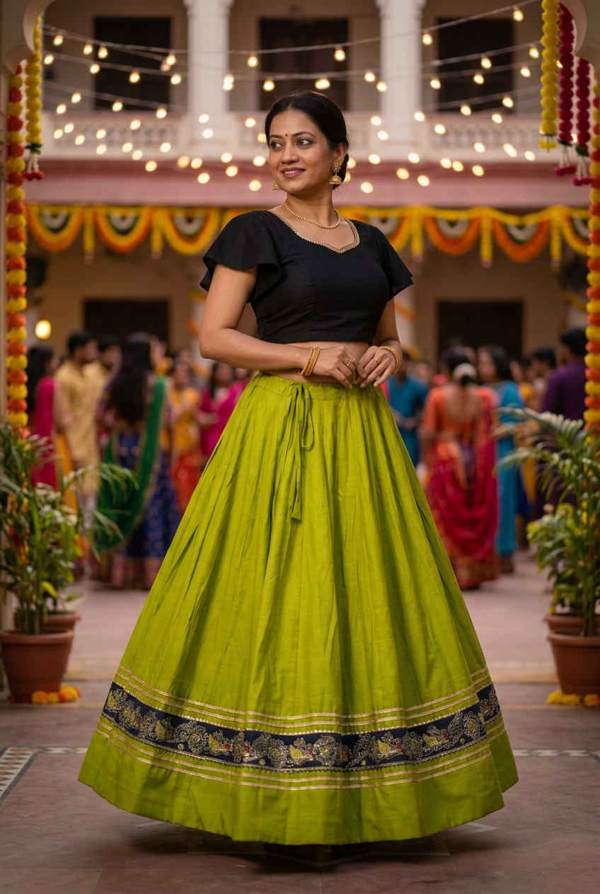 Model showing Garba skirt drawstring waist, embroidered lower border and full hem; blouse for styling only