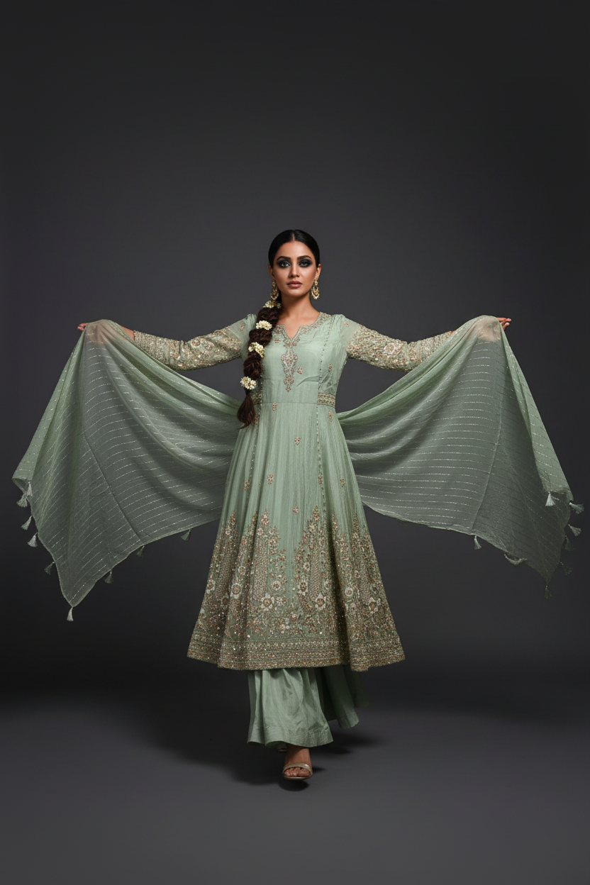 Model wearing mint embroidered sharara set, walking pose with dupatta held wide open