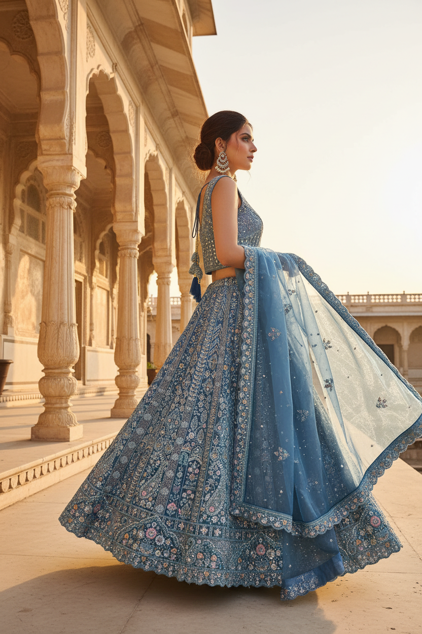 Azure Bloom Bridal Lehenga Set - Side Pose