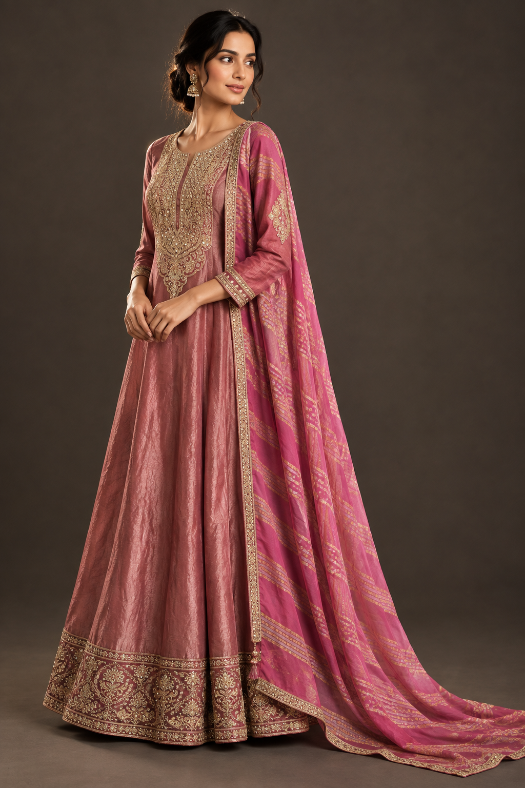 Model wearing a dusty rose embroidered Anarkali set with matching patterned dupatta, side-turn view