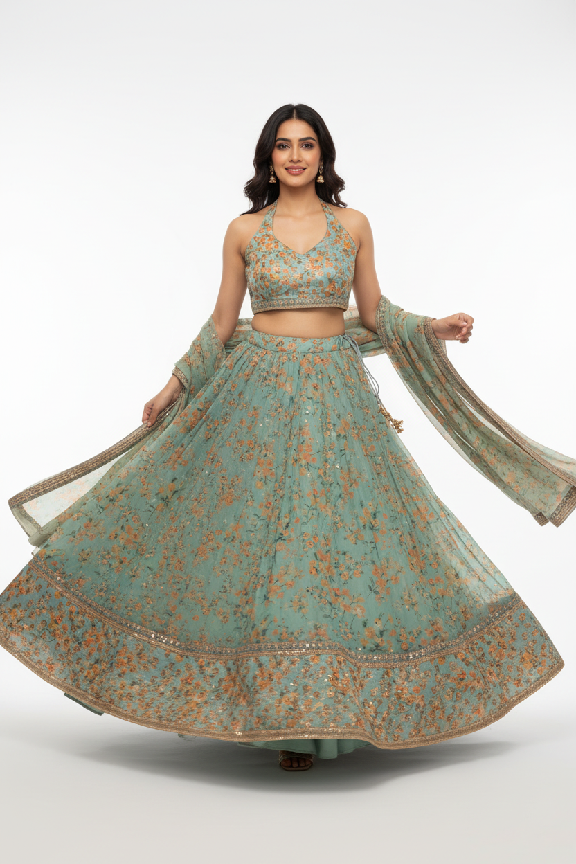 Floral Green Sequin Lehenga