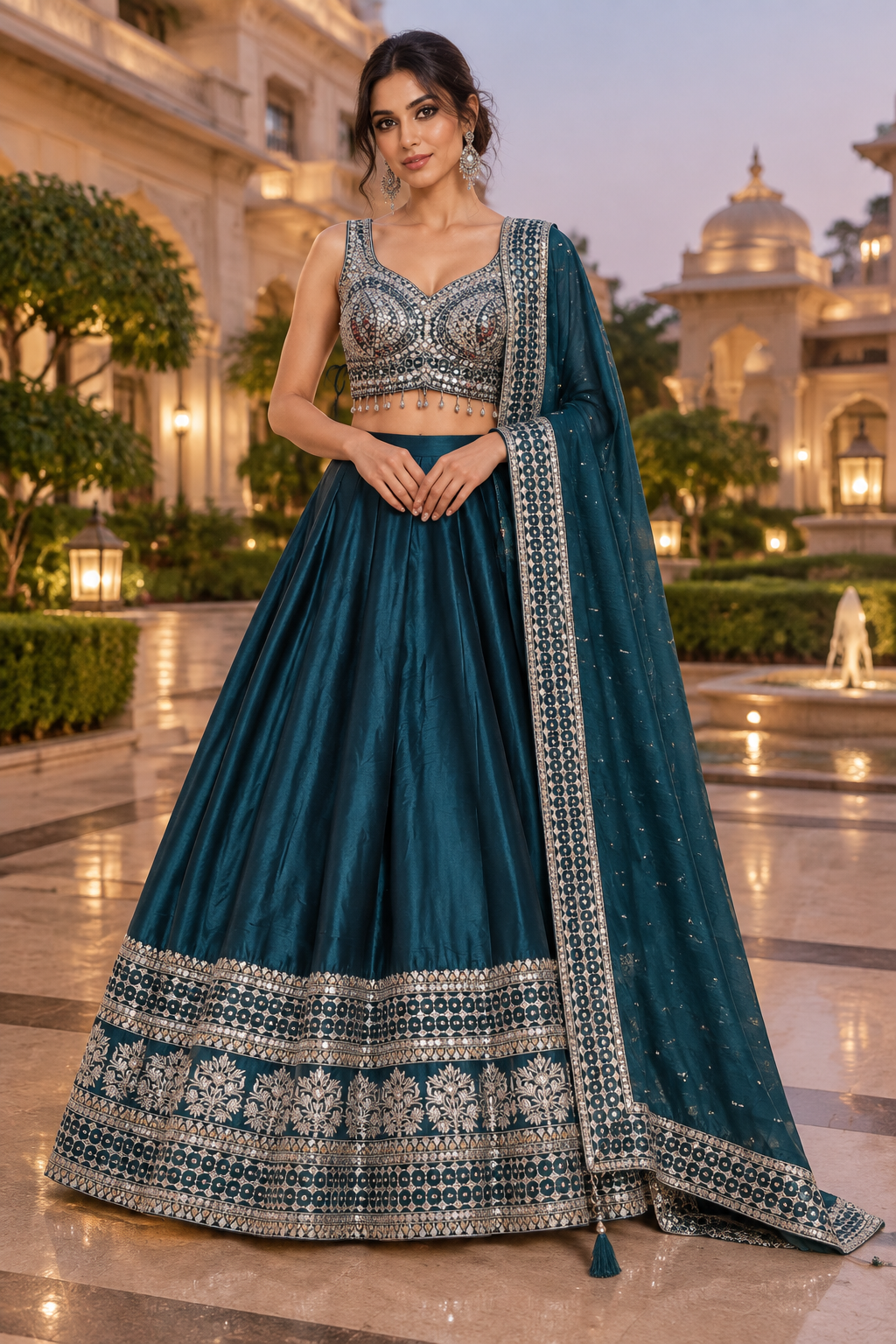 Front view of a deep teal mirrorwork lehenga set with embellished blouse and bordered dupatta