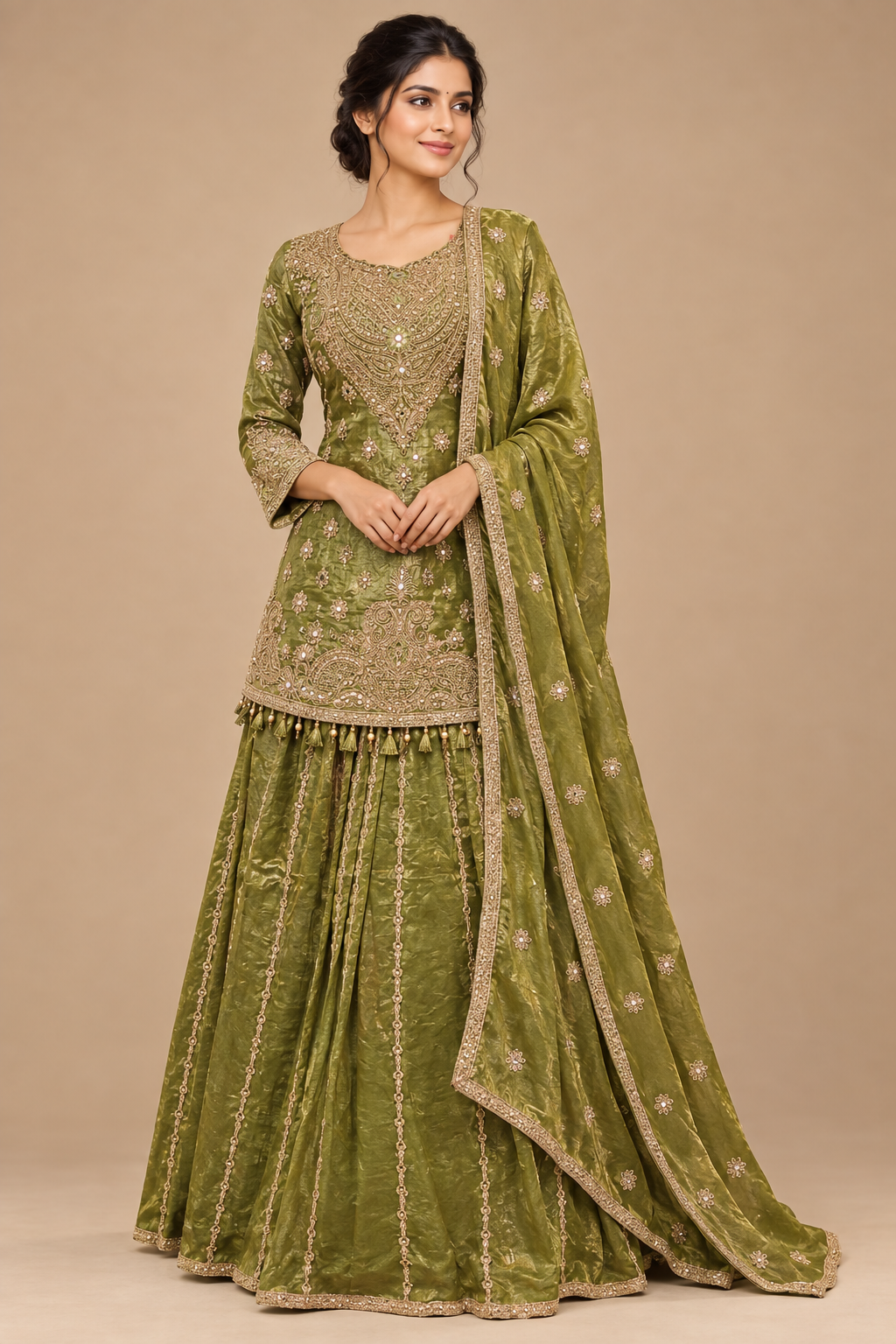 Three-quarter front view of olive lehenga with embroidered blouse and dupatta