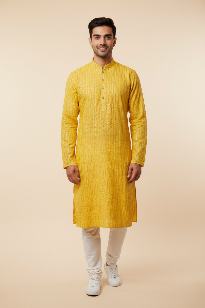 Male model wearing yellow chikankari kurta set with white sneakers - front pose