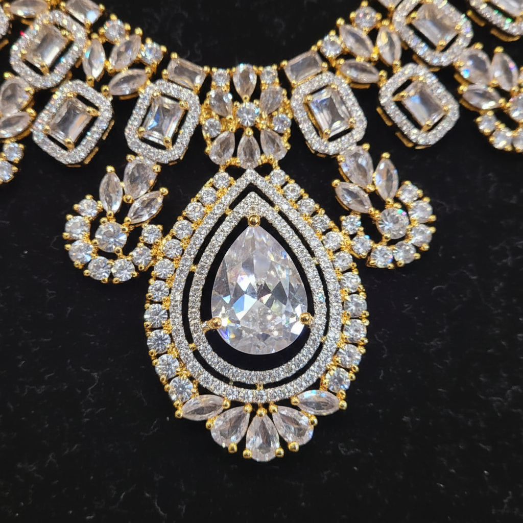 Close-up of the pear-shaped crystal-style pendant on the Jennifer necklace