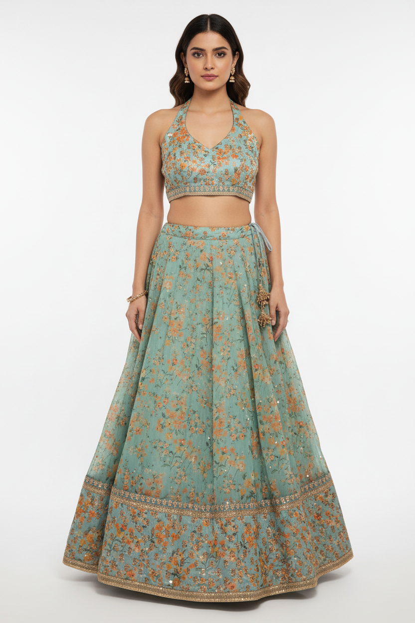 Floral Green Sequin Lehenga