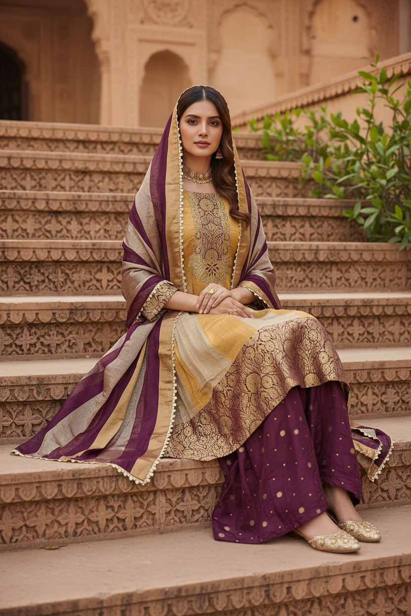 Mustard Plum Sharara Set