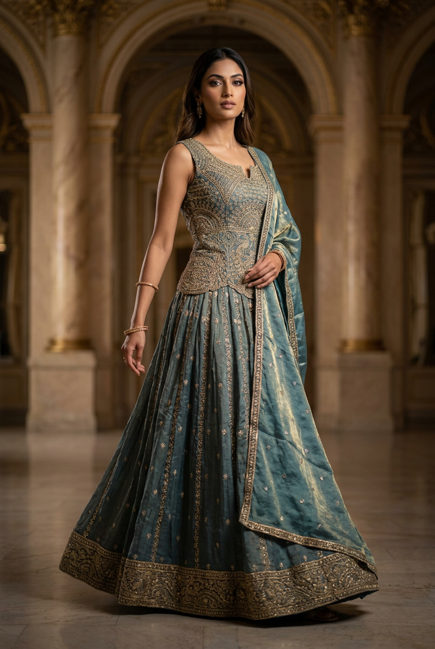 Grey Gold Corset Lehenga