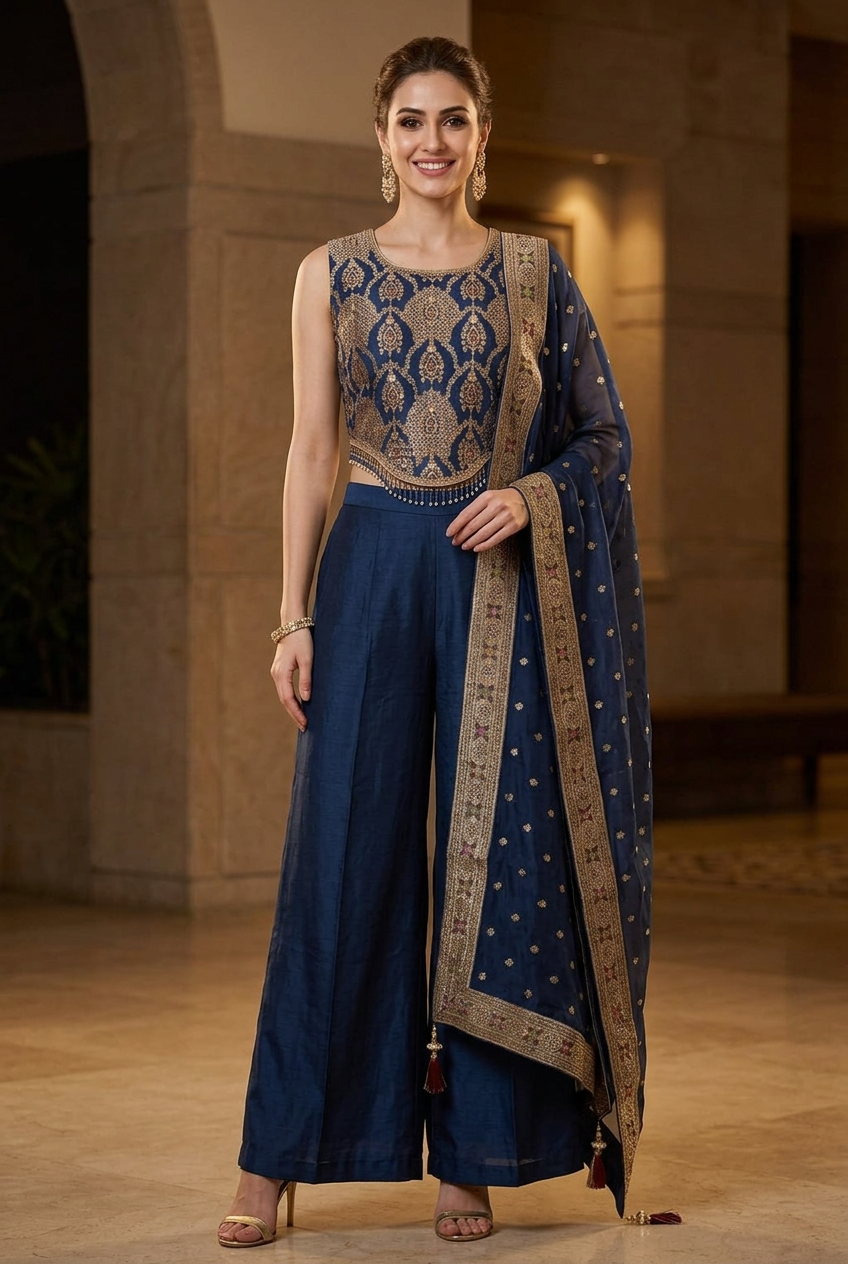 Front view of a model wearing a navy blue sharara set with a gold-detailed sleeveless blouse and bordered dupatta.