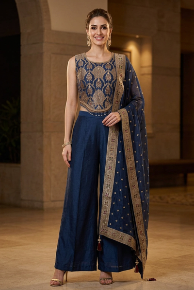 Navy Blue Shimmer Sharara Set