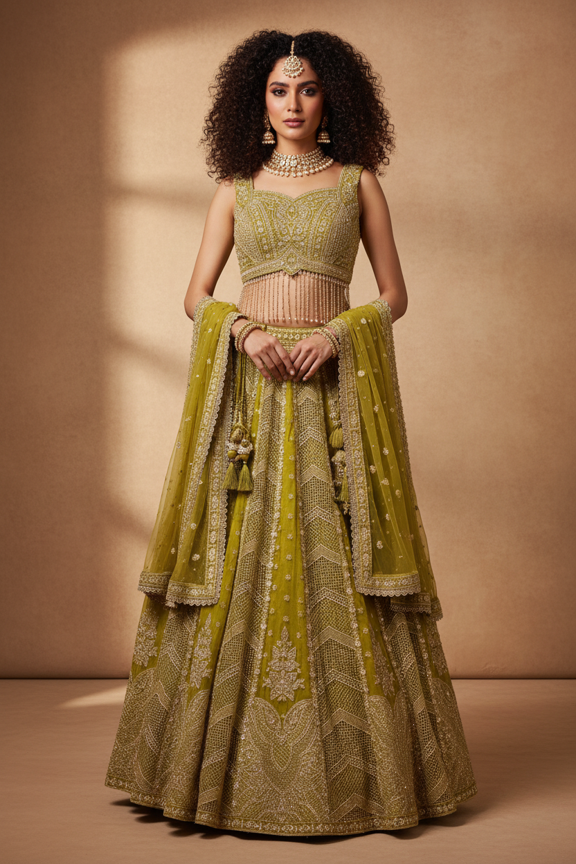 Olive Gold Embroidered Lehenga