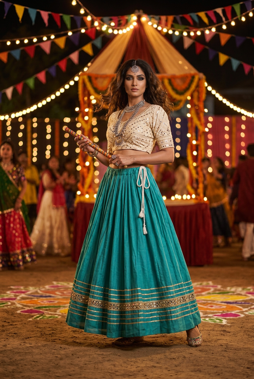 Same high-fashion model at a Garba festival pairing the teal mirror-work skirt with a cream embroidered blouse for styling inspiration; blouse not included