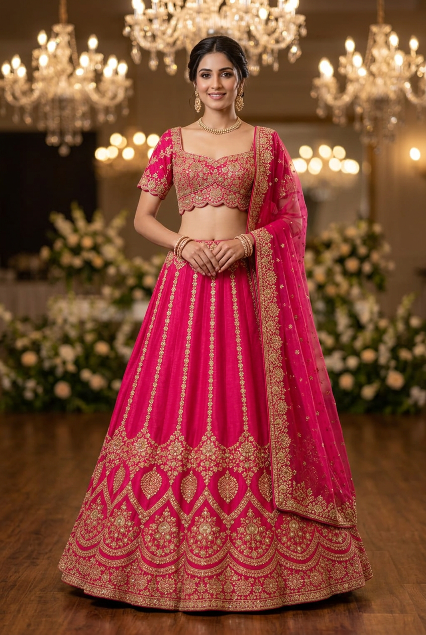 Front view of a model wearing a fuchsia bridal lehenga with ornate gold-toned detailing and matching dupatta.