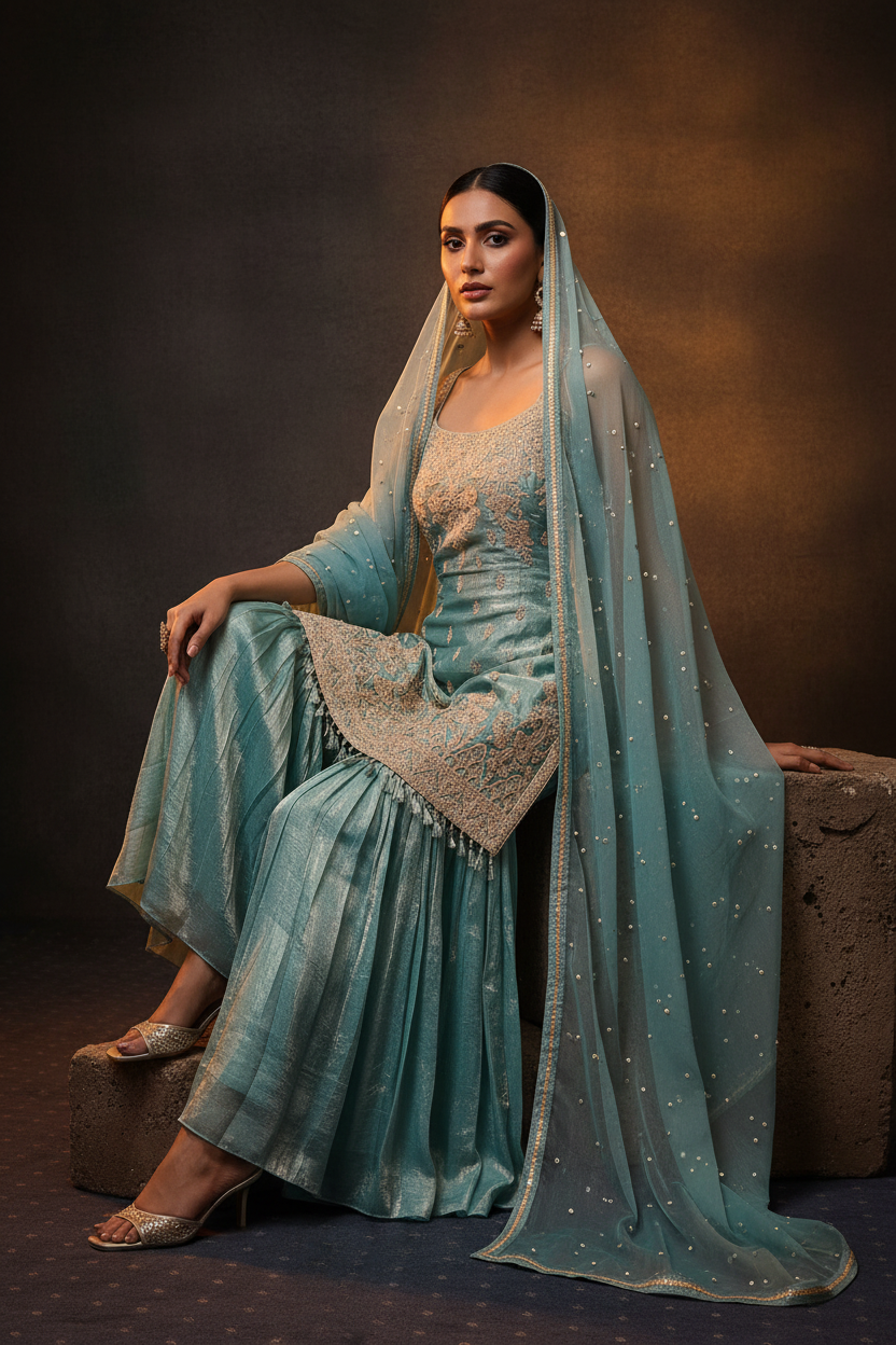 Aqua Embroidered Sharara Set