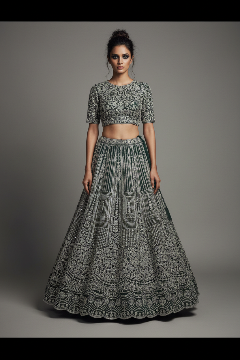Emerald Lehenga with Silver Embroidery