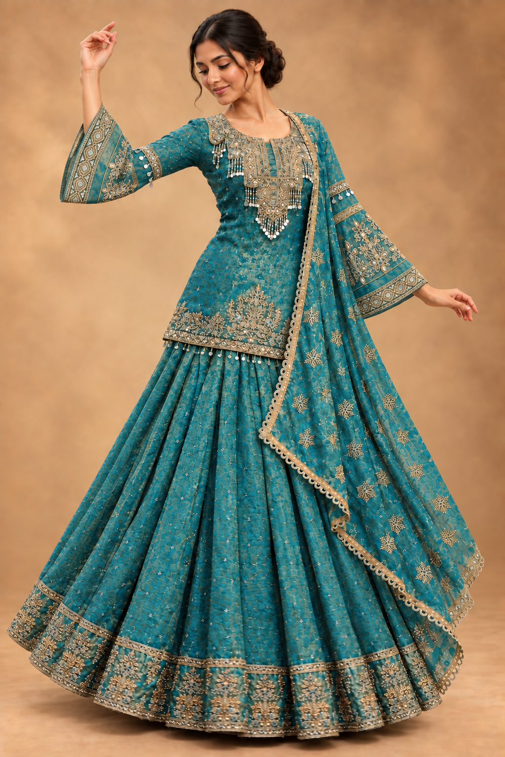 Three-quarter Garba pose showing teal bell sleeves with discs beneath the upper band and gold floral panels