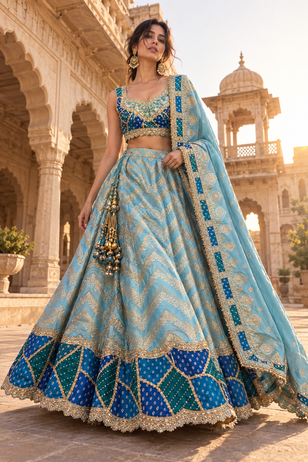Model walking in sky blue bandhani lehenga set