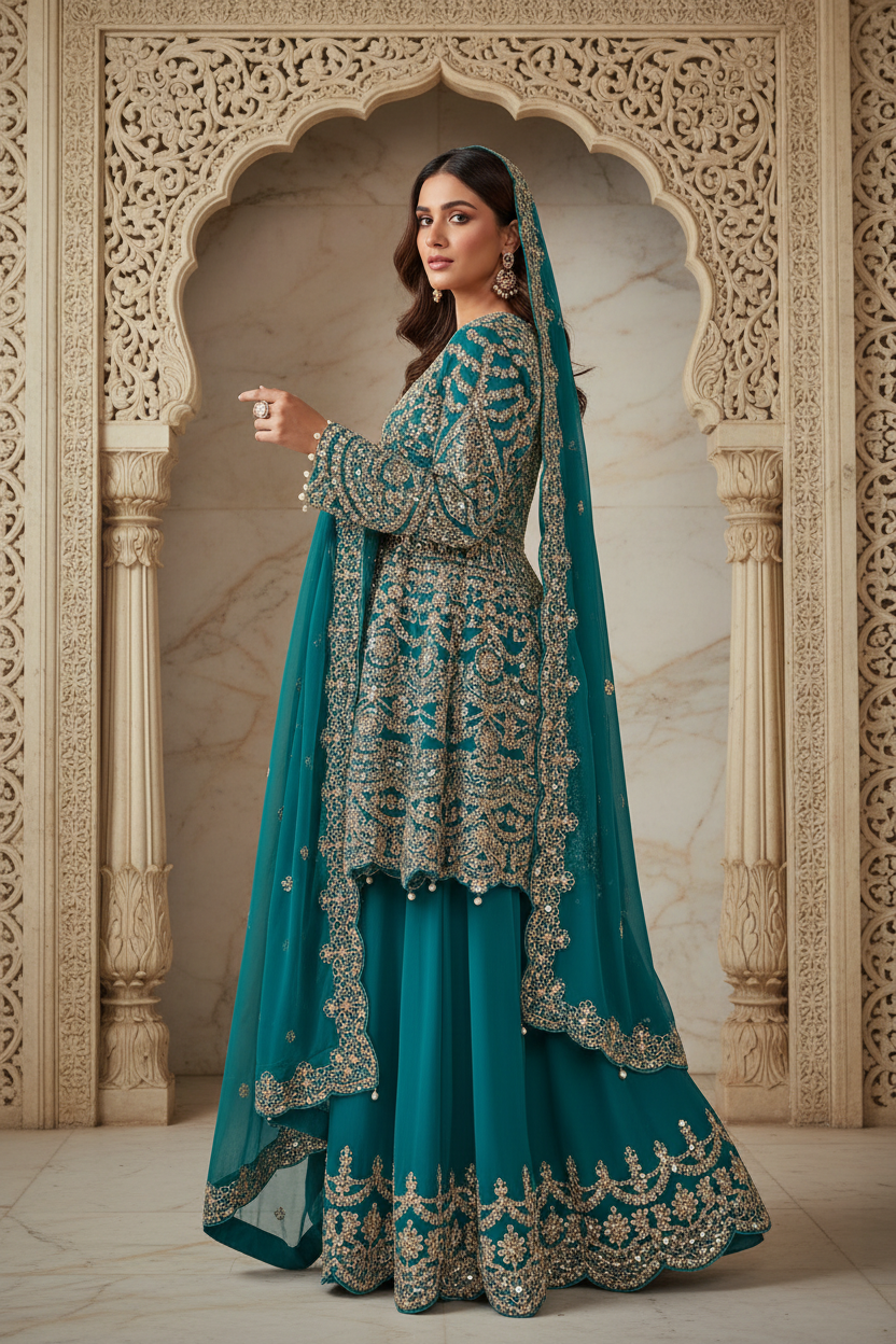 Teal Zari Sharara Set