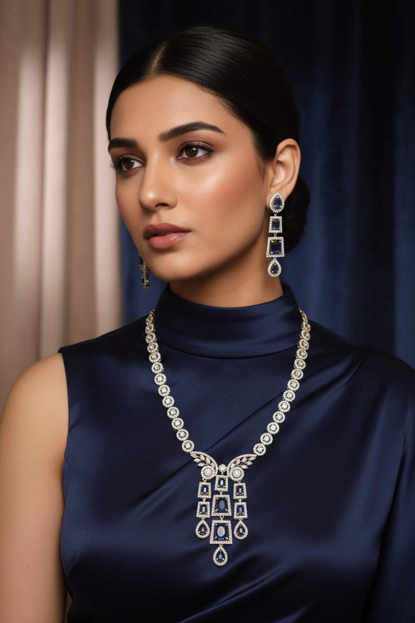 Silver-tone blue stone necklace and matching drop earrings styled with a midnight-blue evening outfit