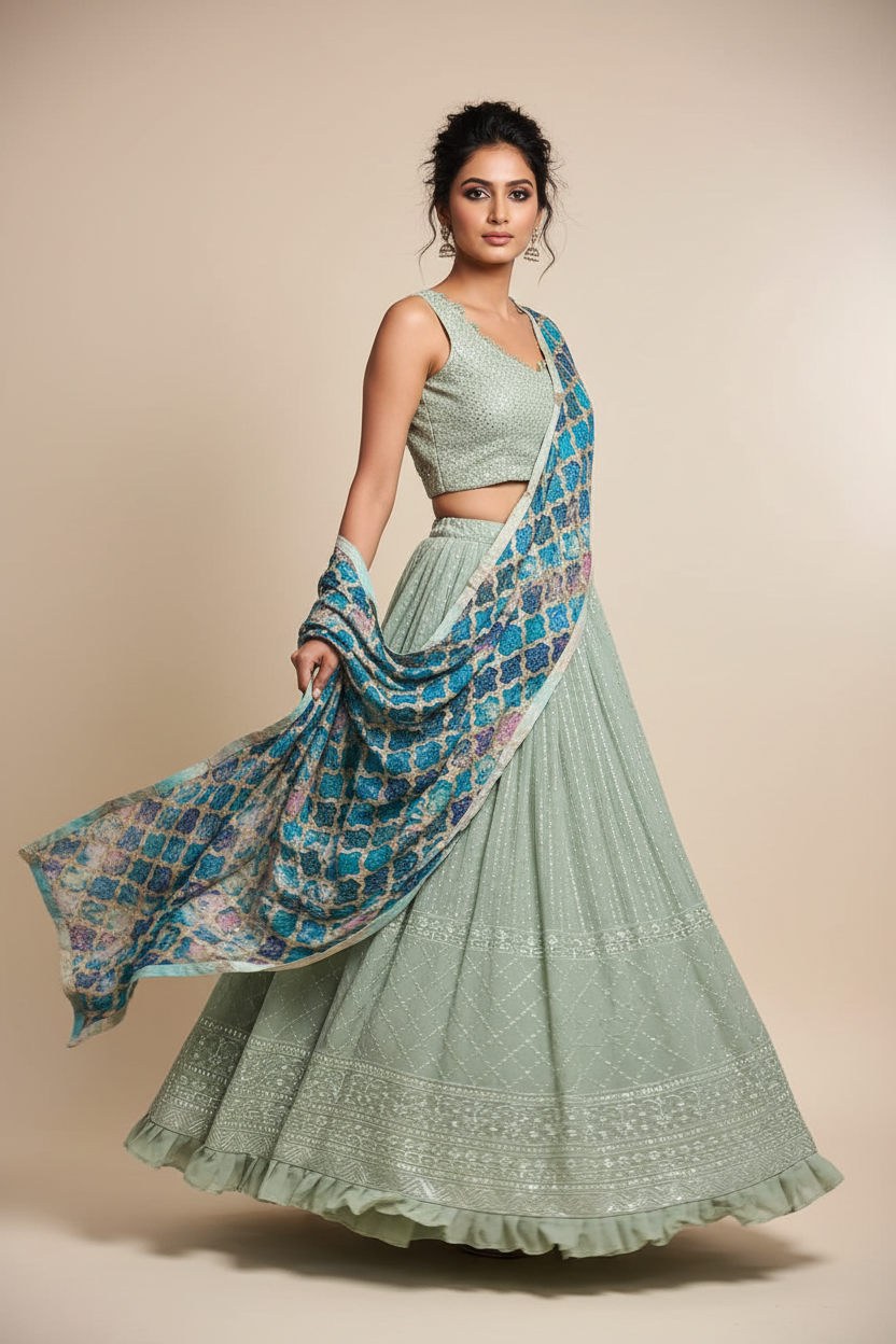 Mint Lucknowi Chikankari Lehenga Set