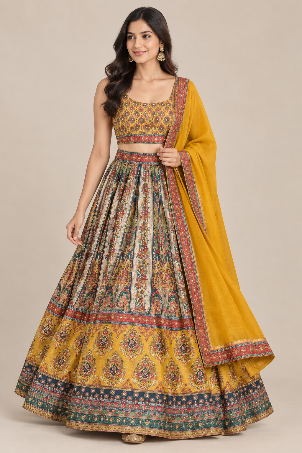 Model wearing a lehenga set with sleeveless blouse and plain bordered dupatta, walking pose