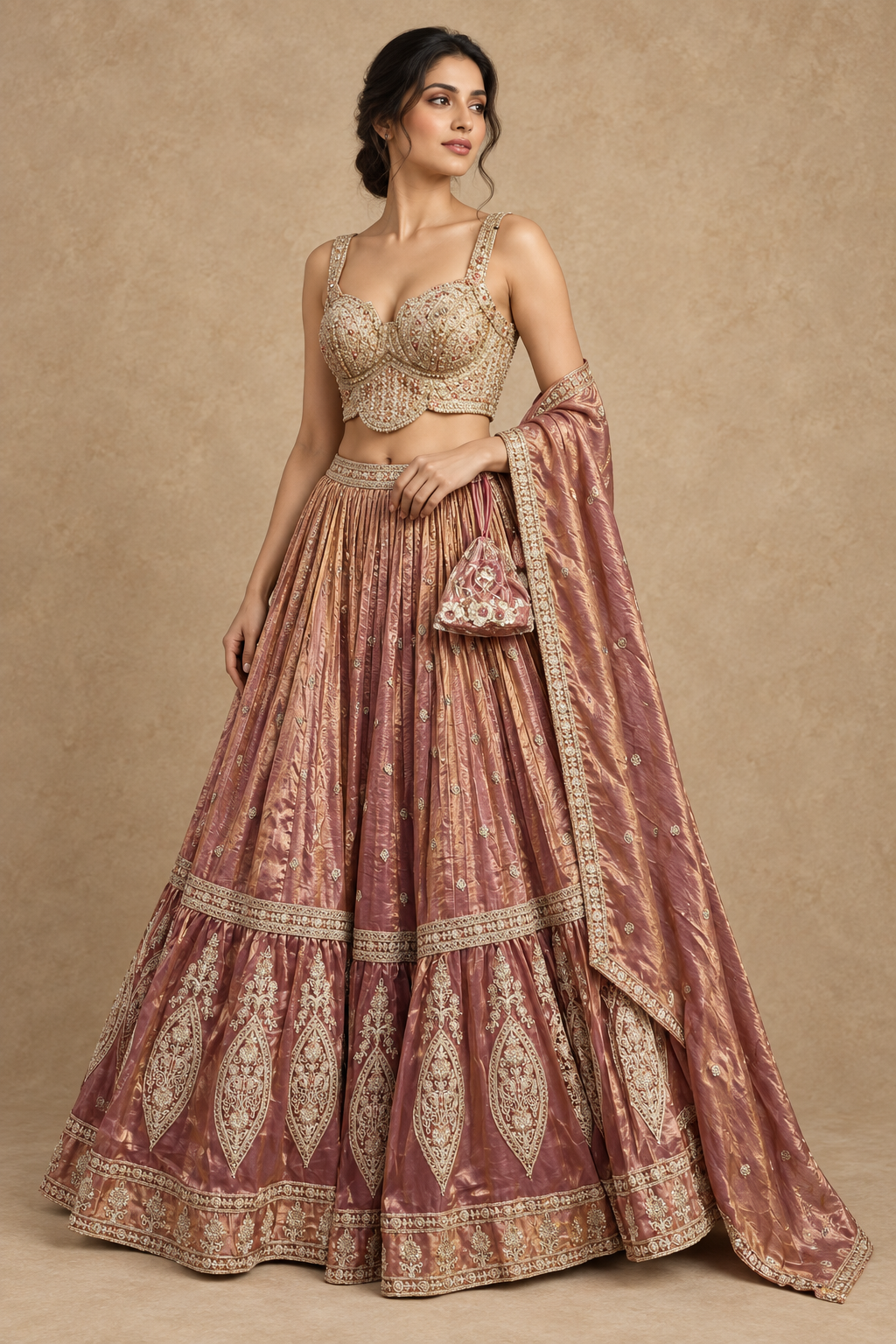 Model in a dusty rose lehenga with metallic embroidery, sleeveless blouse, and matching dupatta