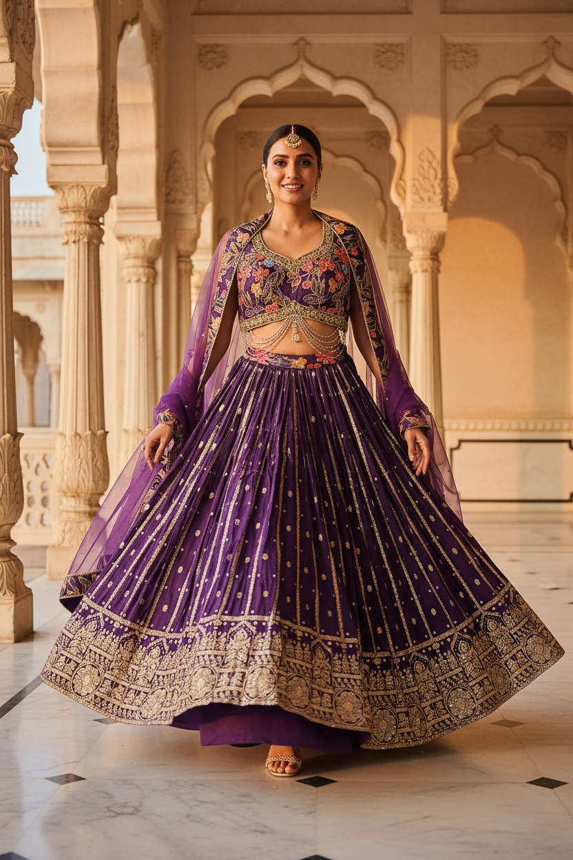 Deep Violet Floral Lehenga Set