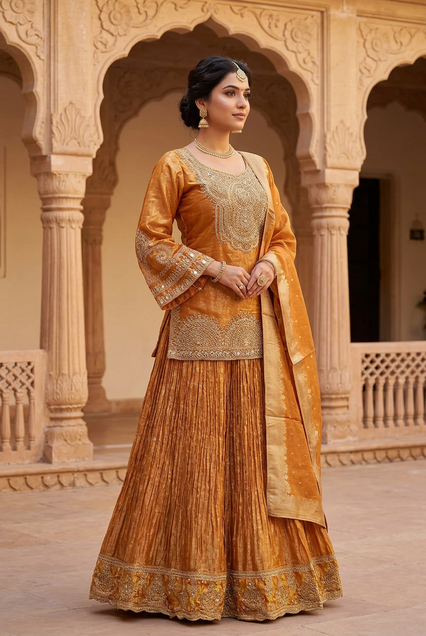 Opposite three-quarter view of amber-gold lehenga with paisley sleeve detailing and matching bordered dupatta.