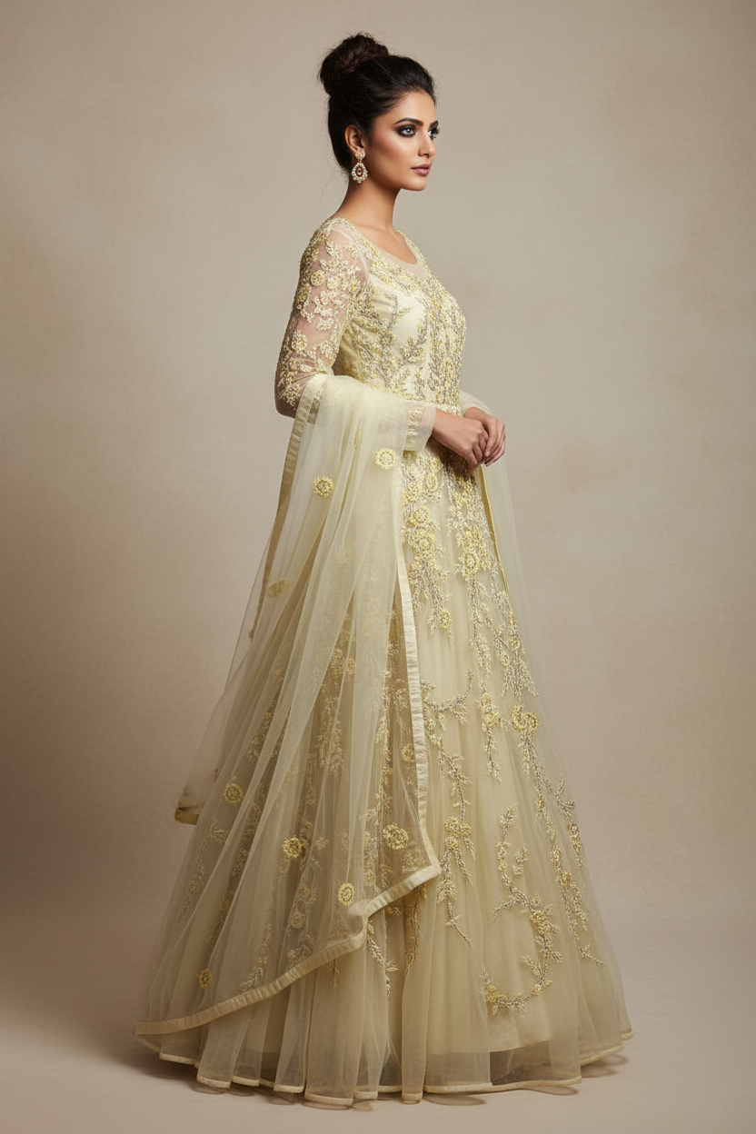 Side profile – ivory anarkali with gold embroidery and mesh dupatta
