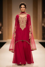 Front view of raspberry sharara with gold-toned detailing and sheer dupatta on a female model