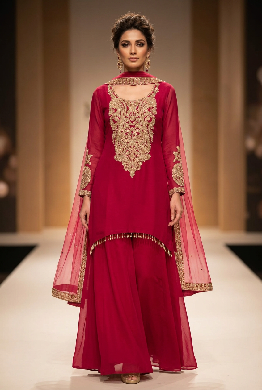 Front view of raspberry sharara with gold-toned detailing and sheer dupatta on a female model
