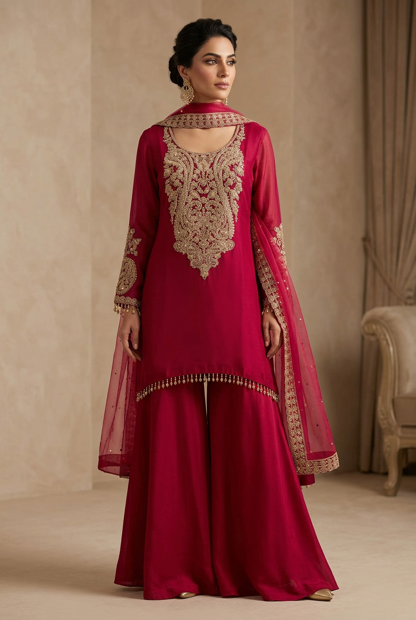 Opposite angled view of raspberry gold-detailed sharara with matching sheer dupatta