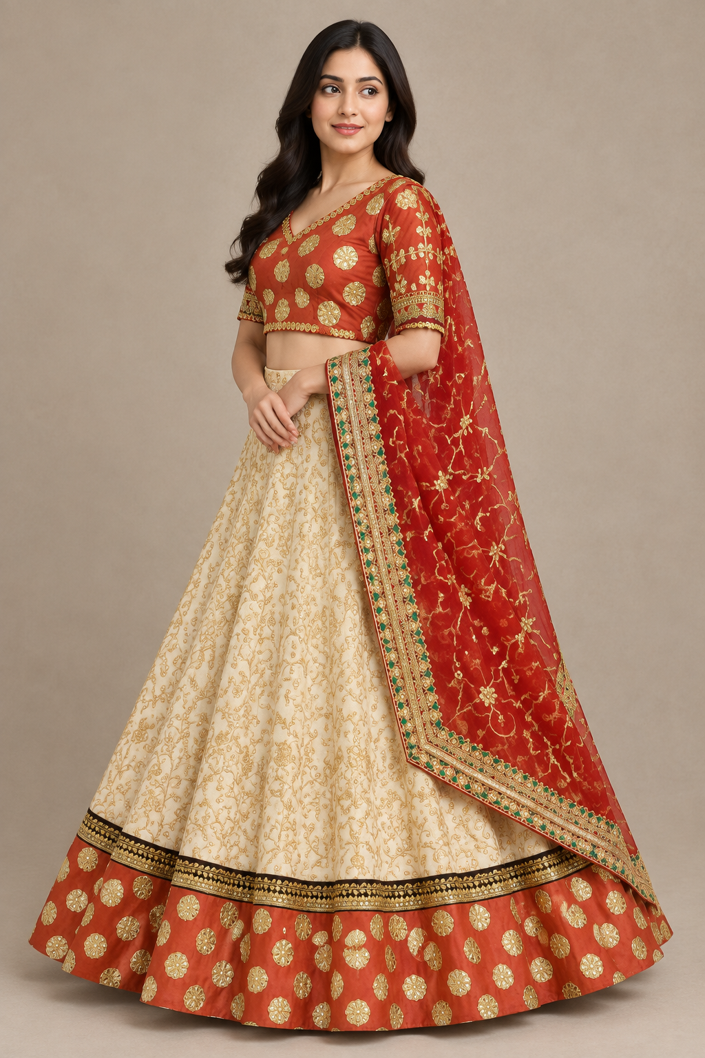 Model wearing cream and rust lehenga set with red dupatta, side angle