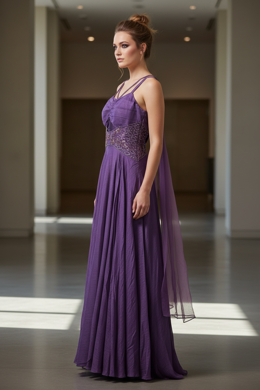 Model wearing a purple beaded evening gown in side profile
