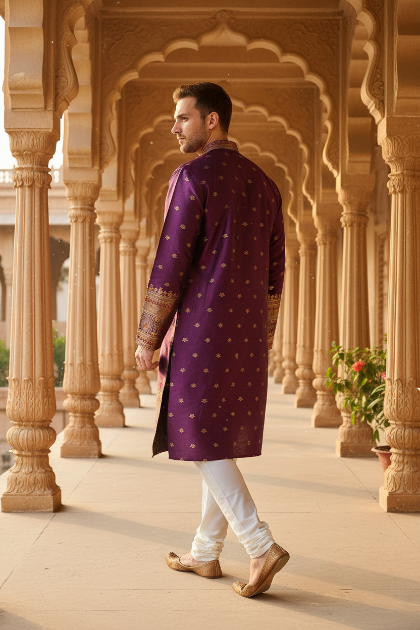 Three-quarter back — male model in royal purple Banarasi kurta with white pants, palace corridor