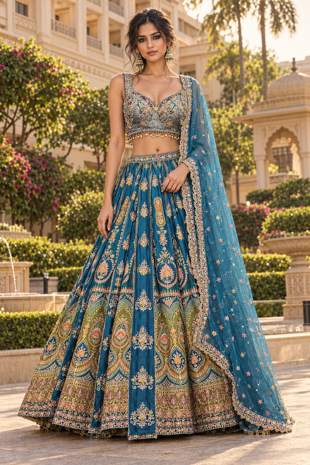 Model in teal floral embroidered lehenga set, front pose