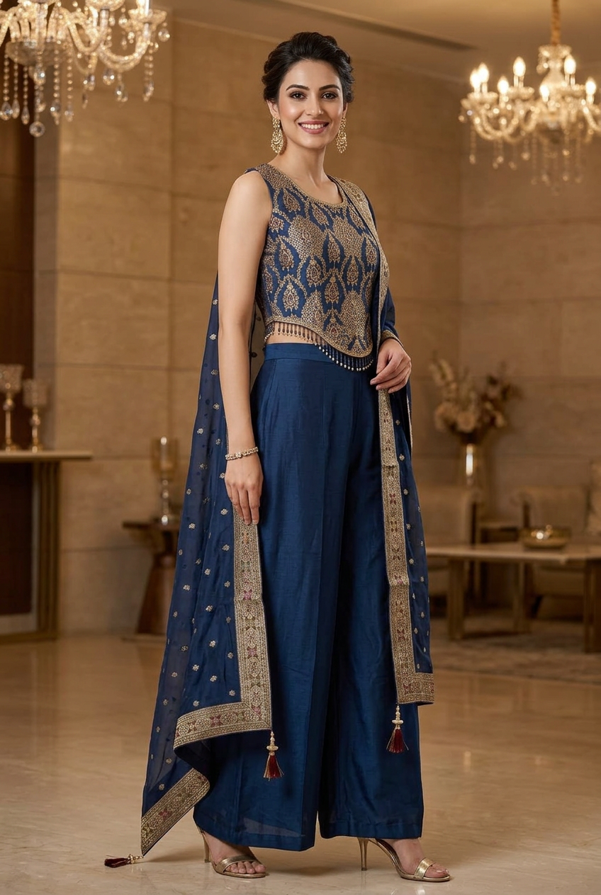 Three-quarter view of a navy blue sharara set with wide-leg trousers and a gold-bordered dupatta.