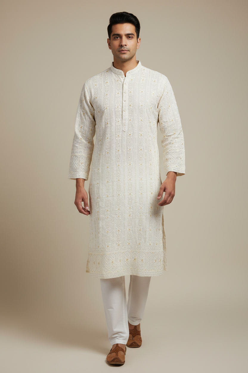 Male model wearing an ivory embroidered kurta and white pajama trousers, walking pose