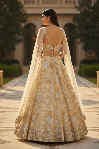 Ivory Gold Lehenga — Back View Editorial