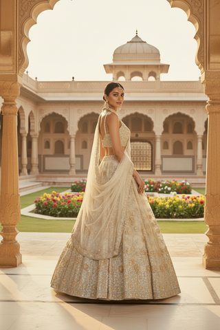 Ivory & Gold Lehenga — Three-Quarter Pose