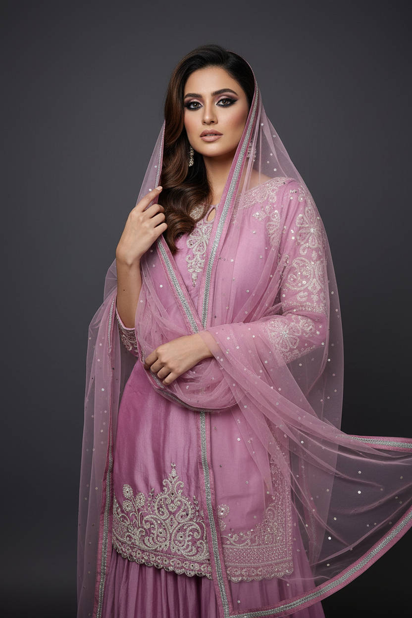 Model in pink outfit - graceful pose