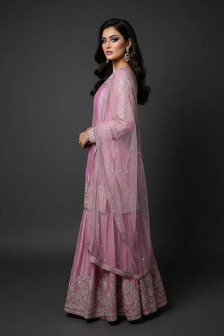 Model in pink outfit - over shoulder pose