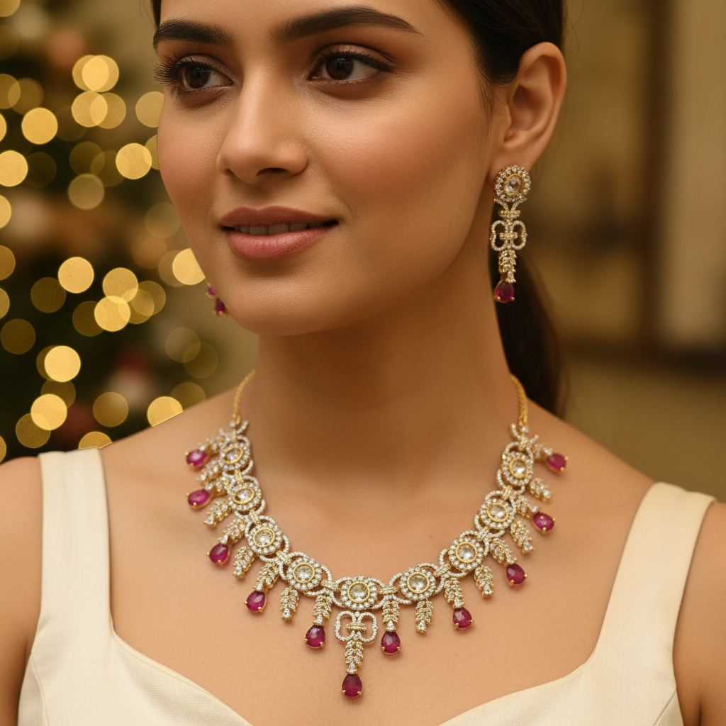 Model wearing a gold-tone floral necklace and matching drop earrings with ruby-colored teardrops