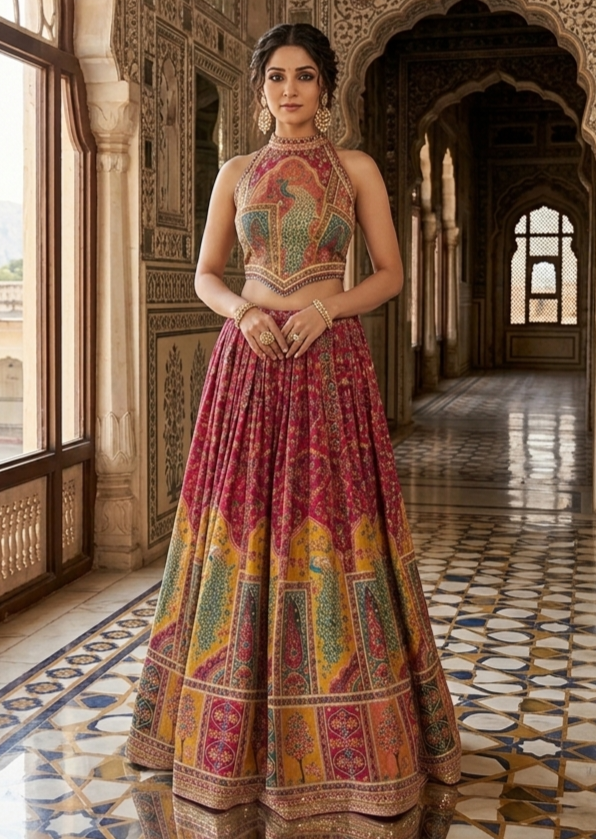 Woman in a traditional outfit standing in an ornate architectural setting