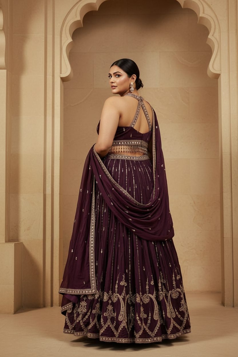 Plum Lehenga Back Pose